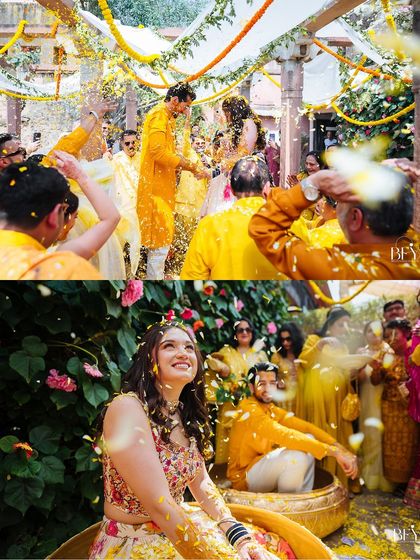 A dynamic collage of a Haldi at Fort Neemrana, showing the couple being showered with petals and guests celebrating with full energy.