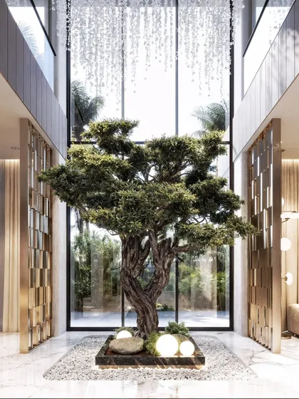 This visualization for a Dubai Hills residence, designed by Sumessh Menon Associates, demonstrates how 3D rendering can bring nature into the heart of a design. The centerpiece is the ancient olive tree, where I focused on rendering the organic texture of the bark and leaves under a cascade of simulated light. This image proves how we can test and perfect the integration of bold natural elements within a refined architectural context.