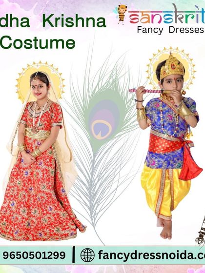 This Radha Krishna costume set features intricate details, including a halo-like headpiece for both. The rich blue Krishna outfit and the ornate red Radha lehenga create a stunning visual pair.