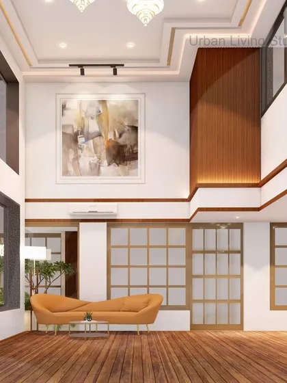 A 3D visualization of a double-height foyer for a luxury apartment tower. The design uses wood paneling, large-scale art, and an open layout to create a grand and welcoming space for residents and guests.