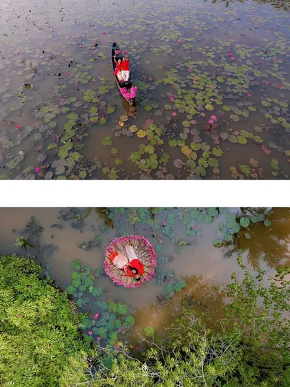 A two-panel collage featuring stunning drone or high-angle shots, offering a unique perspective of the couple in the boat and coracle.
