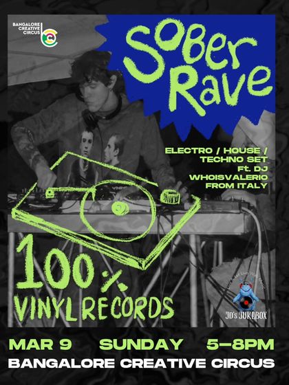A gritty, high-contrast poster for our Sober Rave, featuring a DJ spinning a 100% vinyl record set of electro, house, and techno music.
