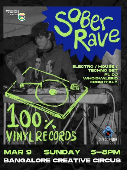 A gritty, high-contrast poster for our Sober Rave, featuring a DJ spinning a 100% vinyl record set of electro, house, and techno music.