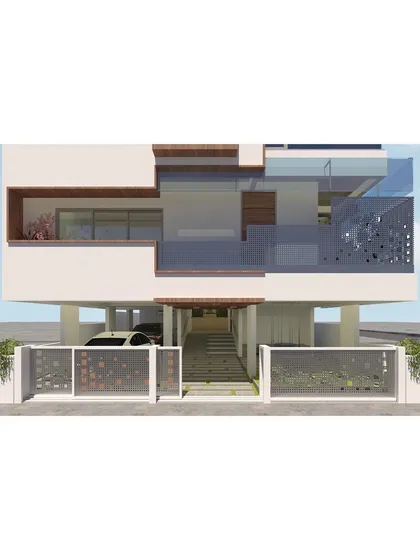 A frontal 3D visualization of the Tiwari Residence. This view details the entrance, the perforated screen gate, and the interplay between solid walls, glass railings, and wooden elements.