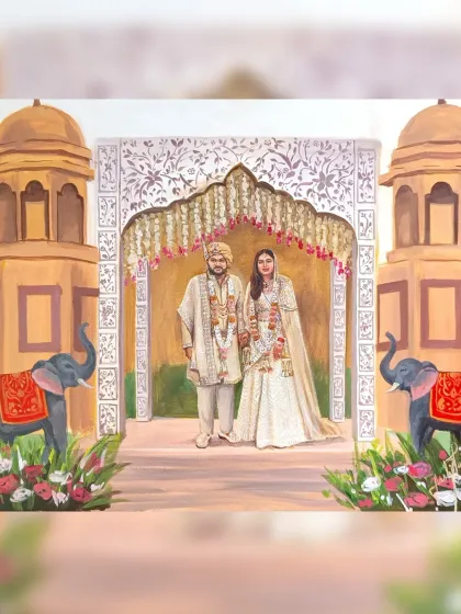 Another version of the live wedding painting from Manesar, this time incorporating elephant motifs to match the venue's decor.
