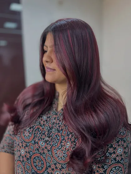 A beautiful cherry blossom red. This color is rich and dimensional, with soft waves that make the tones pop.