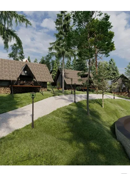 This visualization shows the layout of the proposed resort, with individual villas connected by landscaped pathways. The design prioritizes privacy and a connection to the surrounding wilderness.