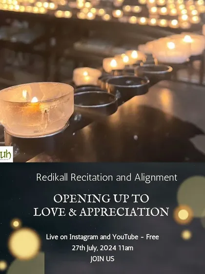 Let's open up to love and appreciation together. This poster announces a free live Redikall recitation and alignment session. It is a collective healing space to dissolve blocks and align our energy with receiving and giving love more freely.