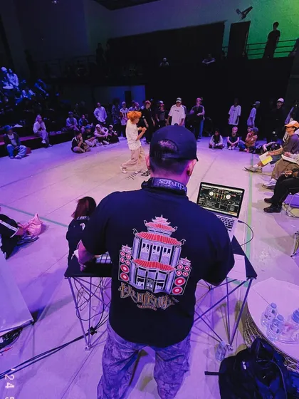 A view from behind the decks at the BadVibes Battle in Thailand. It was an honor to play for such a talented group of dancers.
