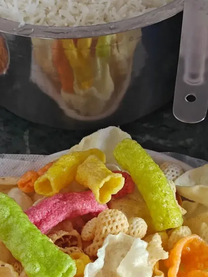 A variety of colorful fryums and papads, a crunchy and fun addition to any meal.