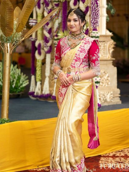 A standing portrait that captures the complete traditional look from head to toe.