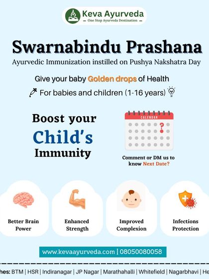 This informational graphic uses simple icons to communicate the main advantages of Swarnabindu Prashana. It focuses on better brain power, enhanced strength, improved complexion, and protection from infections.