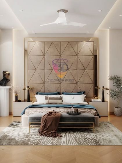 Two angles of a bright, sunlit bedroom with a large, upholstered geometric headboard. The renders emphasize the natural light from the garden-facing window and the clean, luxurious feel of the space.