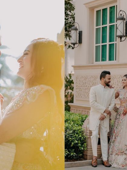 A diptych from Aditya and Megha's Mehendi ceremony. It captures the couple under a canopy of pink flowers and a wide shot of them walking, showcasing the beautiful, floral-themed decor.