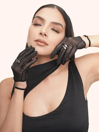 This image captures the soft, dreamy quality of the makeup, with closed eyes highlighting the blended eyeshadow.