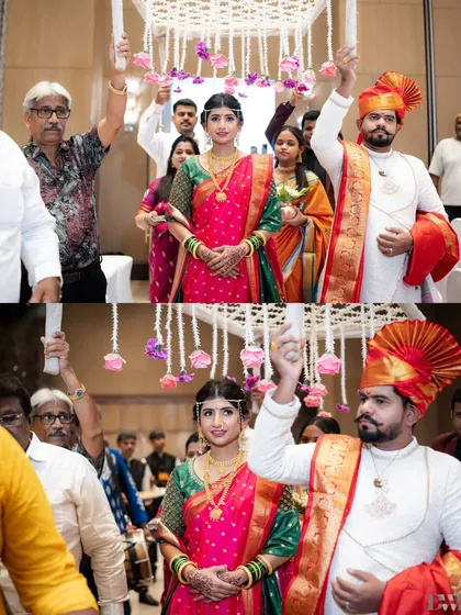 The bride's grand entrance under a floral canopy held by her family, a beautiful tradition captured in this collage.