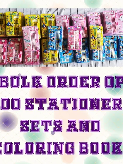 A bulk order of 200 stationery sets and coloring books, ready for a large event in Bangalore.