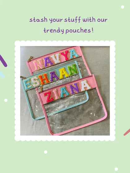 Stash your stuff with our trendy clear pouches. The colorful chenille letters add a fun, personalised touch to this see-through accessory.