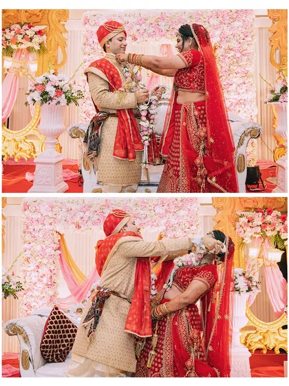 A collage showing the fun and playful struggle during the varmala ceremony, a classic part of many Indian weddings.