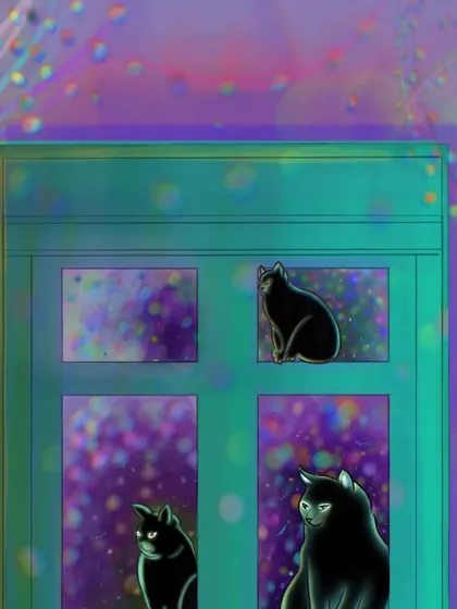 A close-up of the black cats looking out into a dreamy, bokeh-filled world. This was an experiment with lighting and atmosphere to create a magical mood.