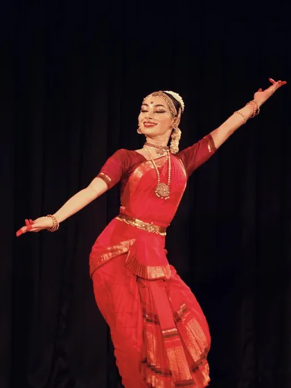 This still captures the expansive and graceful movement that is characteristic of Bharatanatyam. This was taken during a performance at the Madras Music Academy.