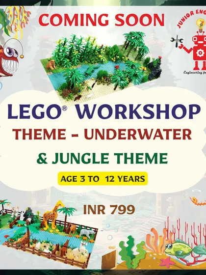 A promotional flyer announcing our upcoming Underwater and Jungle themed LEGO workshops for kids aged 3 to 12.