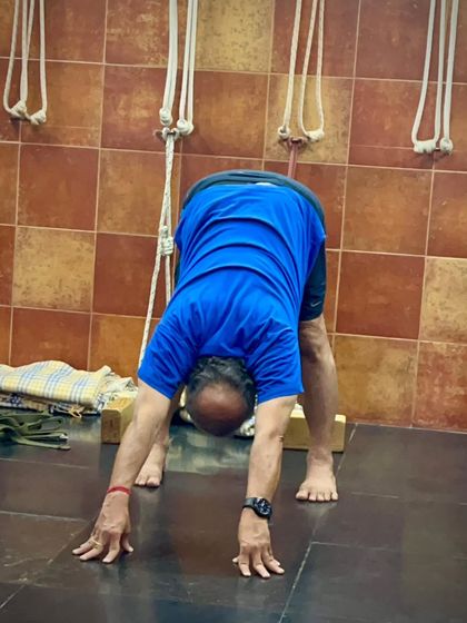 Adho Mukha Svanasana (Downward-Facing Dog Pose) with hands on blocks. This modification helps to achieve greater length in the spine, especially for those with tight shoulders or hamstrings.