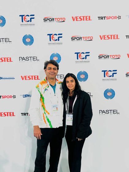 Our team at the FIG World Cup, with Coach Praveen Sharma and Women's Judge Ayushma Saherawat. We are proud to contribute to Indian gymnastics in multiple roles.