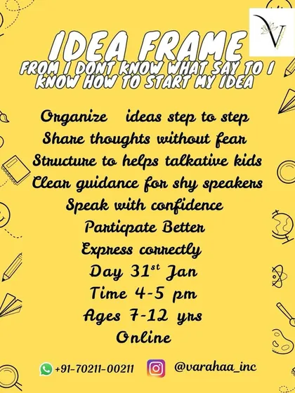 Our 'Idea Frame' masterclass is designed to help kids go from "I don't know what to say" to structuring their thoughts with confidence. This online session for ages 7-12 provides a simple framework for organizing and sharing ideas without fear.