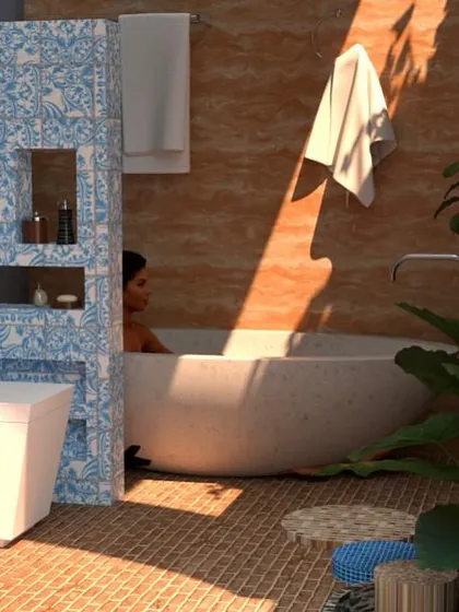 This bathroom concept, developed by one of our talented interns, brings a touch of nature's serenity indoors. The design uses natural materials like terracotta tiles and invites sunlight to create a calming space, complete with lush plants that make it feel like a peaceful escape.