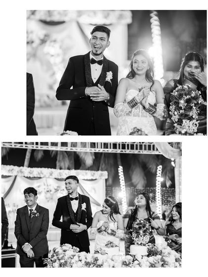 A black and white collage of the couple's reaction during the reception speeches. These candid shots capture genuine laughter and emotion.