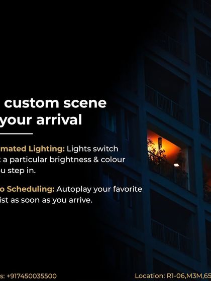 Arrive home to a perfect welcome. I can set a custom scene that activates upon your arrival, turning on lights to your preferred brightness and color and even starting your favorite playlist.