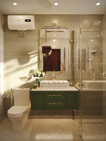 A frontal view of the green vanity, showcasing the unique picket-shaped tile backsplash and the elegant, modern mirror.