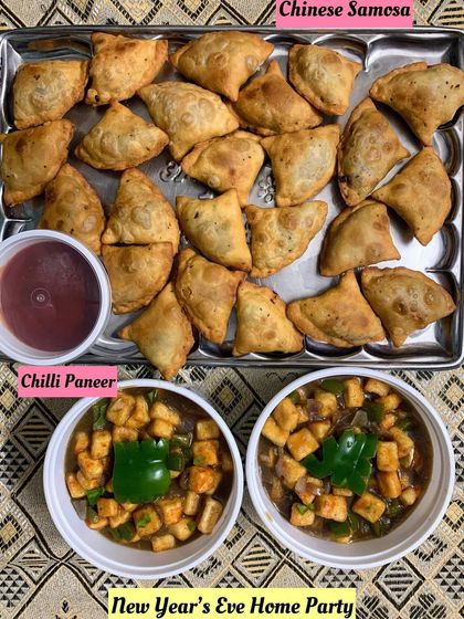 Chinese Samosas and Chilli Paneer for a New Year's Eve home party.