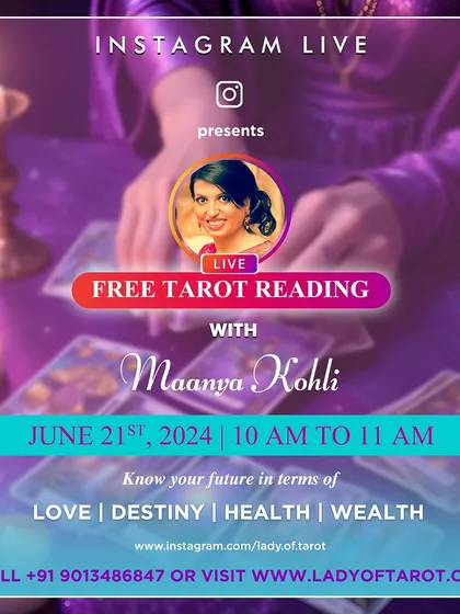 I regularly host free tarot reading sessions on Instagram Live to connect with you directly. This is an announcement for one of my sessions, where I offer guidance on love, destiny, health, and wealth. Follow me to join the next one.