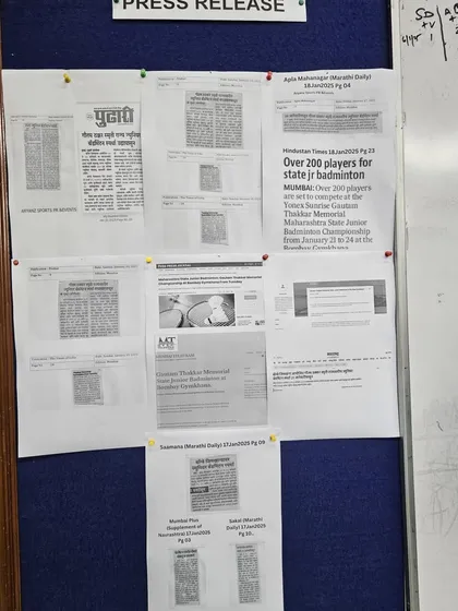 A press release board showcasing media coverage for the Yonex Sunrise Junior Badminton Championship. Our services include promotion and media relations to maximize event visibility.