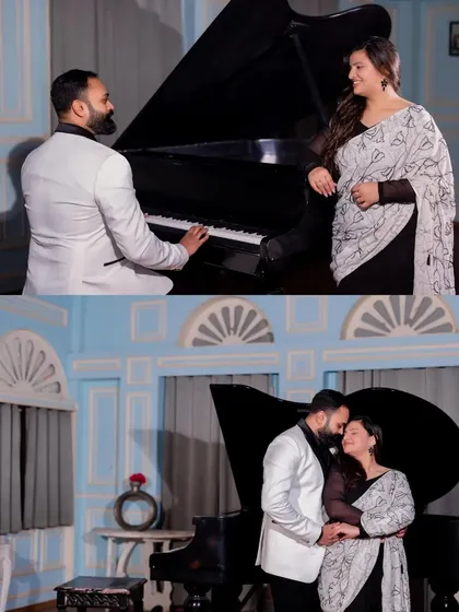 A collage showcasing the elegance of our European-style piano room. This indoor set is perfect for classic, sophisticated couple portraits and adds a touch of timeless romance to any pre-wedding or anniversary shoot.