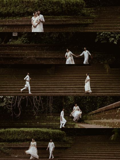 A collage showing a couple's journey down a long flight of ancient stone steps, creating a beautiful narrative sequence.