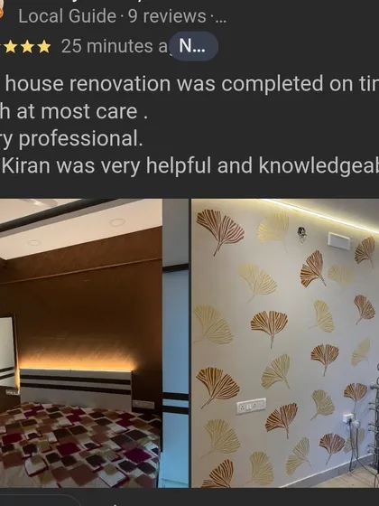 Client satisfaction is my biggest reward. This review highlights my professional approach and on time completion, shown alongside the finished ginkgo leaf stencil and a rich, brown textured wall we completed for the project.