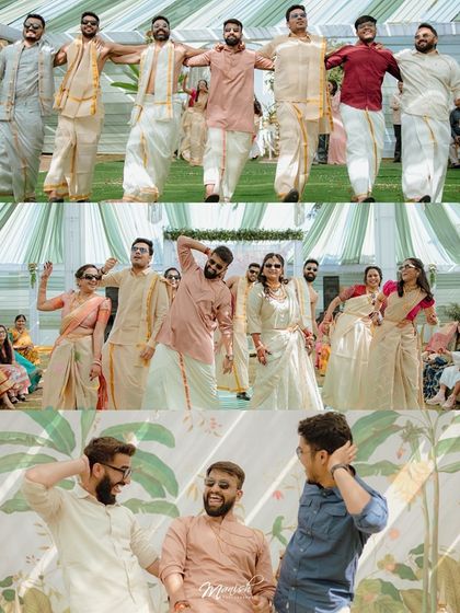 A collage showing the groom's squad and the couple dancing, capturing the high energy and celebratory mood of the day.