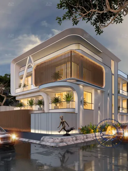 This 585 sq. yd. residence in Jhajjar redefines modern living with a harmonious blend of bold curves and clean lines. The material palette of pristine white and natural wood establishes a serene yet luxurious ambiance.