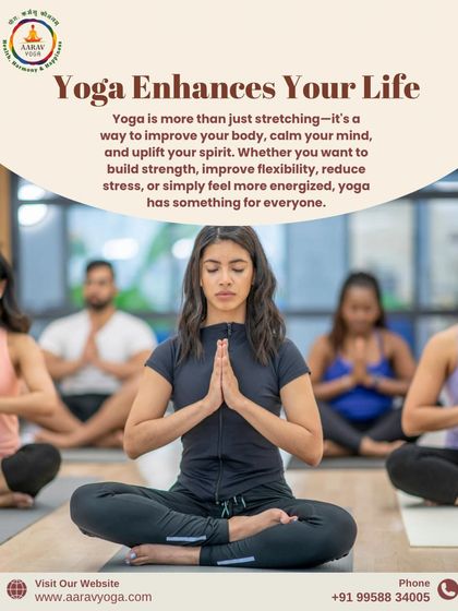 This image of a focused group class illustrates how yoga enhances your life by improving your body, calming your mind, and uplifting your spirit.