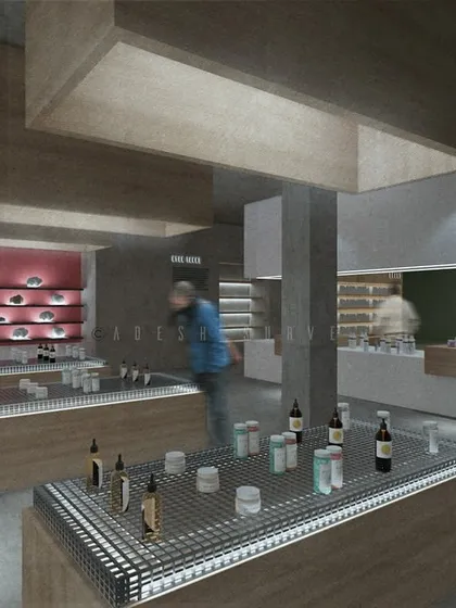 An alternate view of the museum and retail space, showcasing how different display tables and wall units can create a varied and engaging journey. The design uses a mix of wood and concrete textures for a modern, tactile feel.