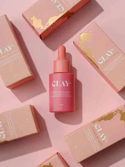 This is an overhead shot I did for Clay Co. Beauty. I find that creating a dynamic composition with the product and its packaging like this really works for social media feeds and website banners. It's eye-catching and tells a story about the product line.