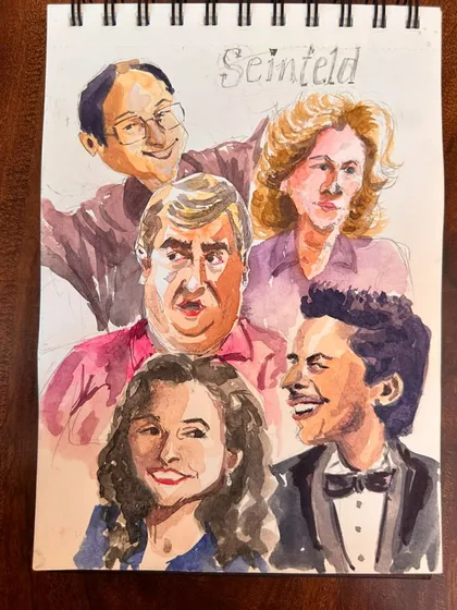 A watercolour caricature tribute to the cast of Seinfeld. Capturing the iconic faces of Jerry, Elaine, George, and Kramer was a fun challenge.