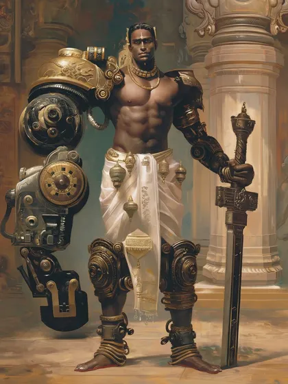 A portrait of a Yuntryodhā, a warrior-engineer from a fictional Indian techno-civilization. This piece showcases my detailed character design work, where I merge classical Indian aesthetics with intricate mechanical and sci-fi elements.