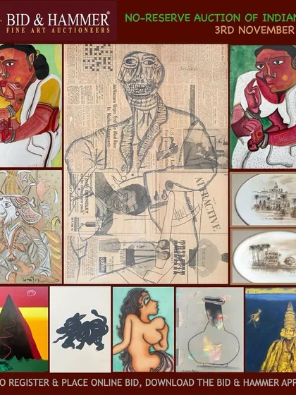 The main collage for our 'No-Reserve Auction of Indian Art' on November 3rd, 2023. This sale featured works by master and contemporary artists like K.G. Subramanyan, F.N. Souza, and Thota Vaikuntam, all starting at no-minimum price.