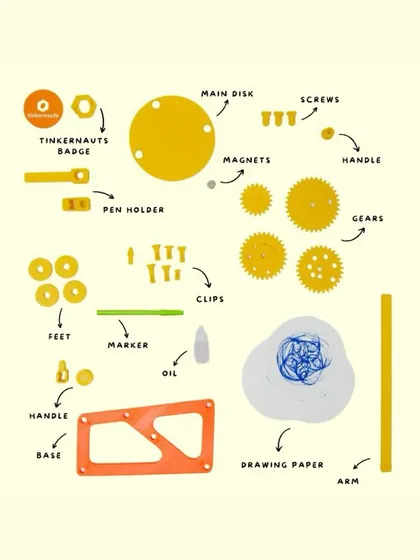 An exploded view of the drawing machine kit, showing every part from the base and gears to the pen holder and magnets.