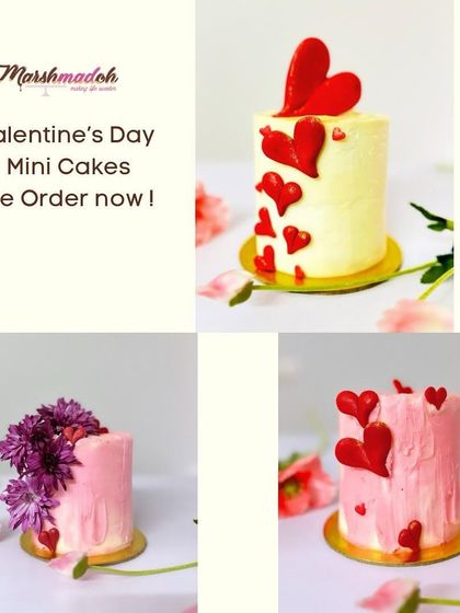 My Valentine's Day collection of tall mini cakes. Each one, weighing around 600g, is perfect for an intimate celebration, decorated with themes of love using hearts and fresh flowers.