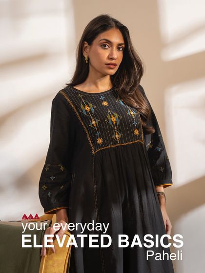Our Paheli collection offers elevated basics for your everyday wardrobe. This black dress with colorful embroidery is a testament to timeless style with a touch of tradition.